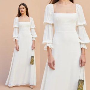 Reformation Stars Maxi Length Dress Tiered Puff Sleeves Square Neckline